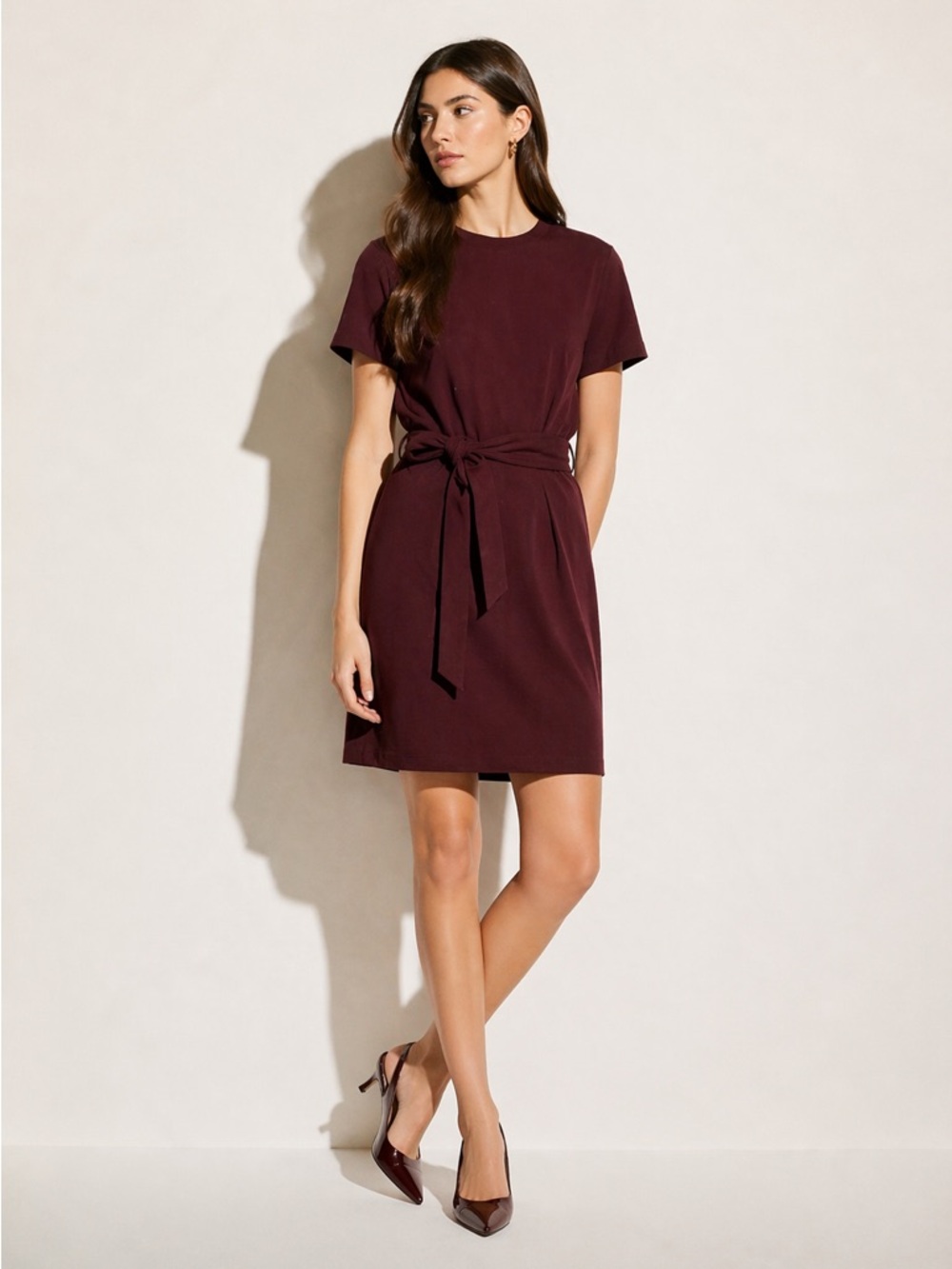 Vince 100% Cotton Belted Knit Dress Burgundy XL Short Sleeve Tie Waist